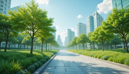 Green City Concept with Trees and Grass in Sunny Day Environment Technology Buildings	
