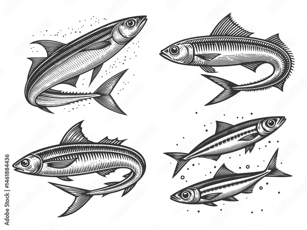 Poster anchovy fish set collection bundle sketch engraving generative ai vector illustration. scratch board