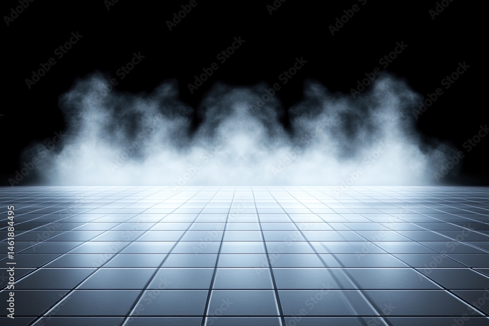 Poster empty stage with fog, illuminated by a bright light source, creating a modern and futuristic scene. 
