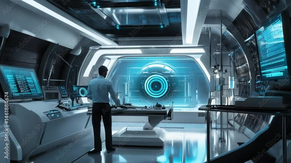 Poster man operates futuristic technology in a high-tech control room with holographic display