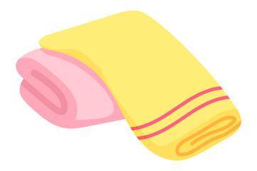 Two rolled beach towels in vibrant pink and sunny yellow, stacked on top of each other, creating a perfect setup for a relaxing day at the beach or poolside enjoyment