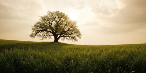Obraz premium Solitary Tree in Vast Expanse of Meadow
