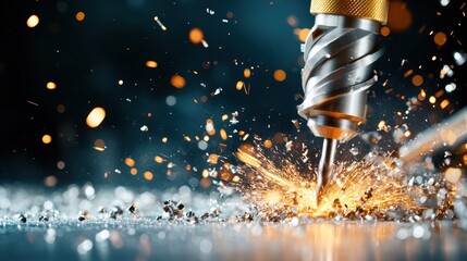 An action shot of a drill bit spinning rapidly, surrounded by flying sparks. This visually captivating image highlights the intensity of machining processes in manufacturing.