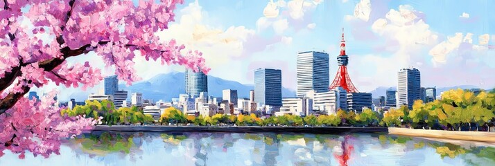 Fototapeta premium oil painting osaka japan downtown skyline 