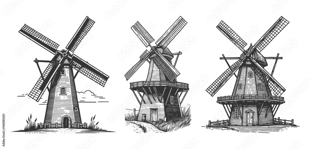 Poster windmills surrounded by fields, trees, and countryside scenes set collection bundle sketch engraving