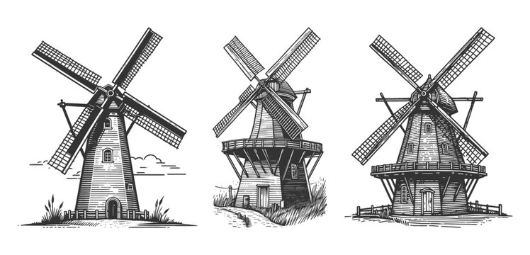 windmills surrounded by fields, trees, and countryside scenes Set collection bundle sketch engraving generative ai vector illustration. Scratch board imitation. Black and white image.