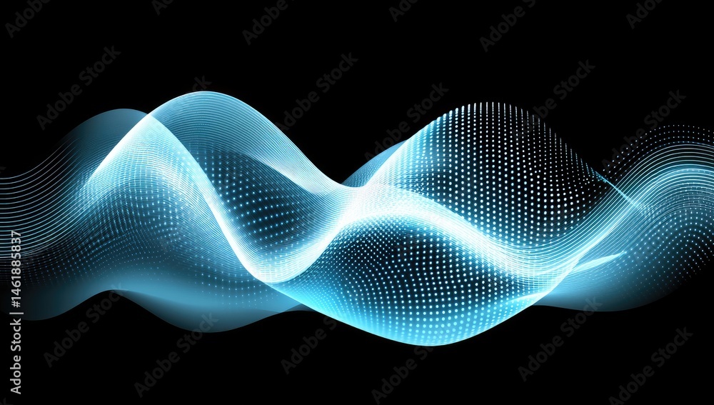 Poster abstract wave pattern of light blue translucent lines and dots on a black background. a smooth flowi