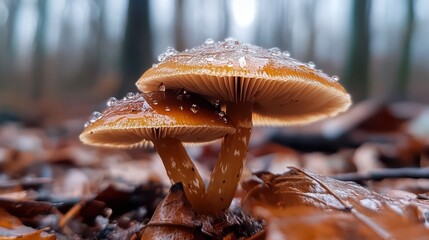 An exquisite close-up of enchanting mushrooms adorned with water droplets, showcasing nature's intricate details amidst a backdrop of autumn leaves in a forest setting.