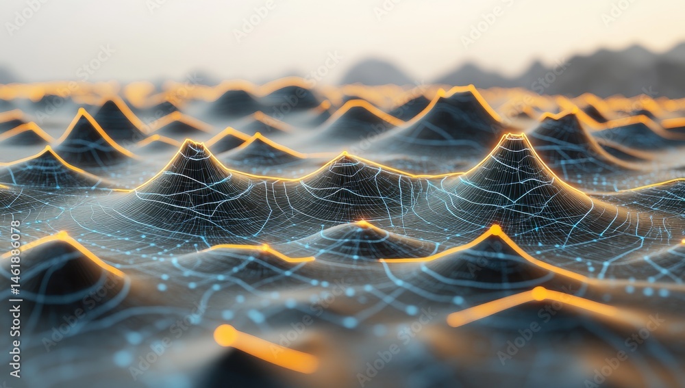 Poster abstract digital landscape with interconnected network and glowing peaks. detailed network pattern a