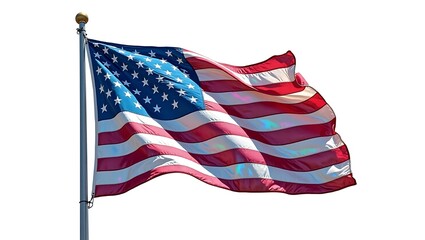 Obraz premium American Flag Waving on a Flagpole Against White Background