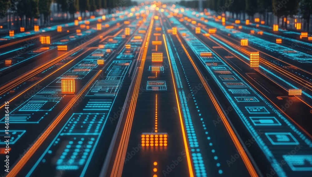 Poster digital highway lined with glowing data blocks. perspective view shows a futuristic road with comple