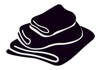 Black silhouette of three folded towels forming a pile on a white background. Conveying relaxation. Comfort. And spa like vibes. Perfect for representing hygiene. Cleanliness. And self care routines