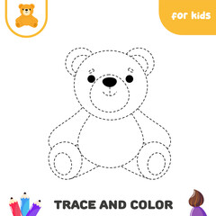 Trace and color bear.  Educational worksheet. Handwriting practice for kids