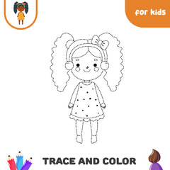 Coloring page with doll for toddlers. Educational trace game