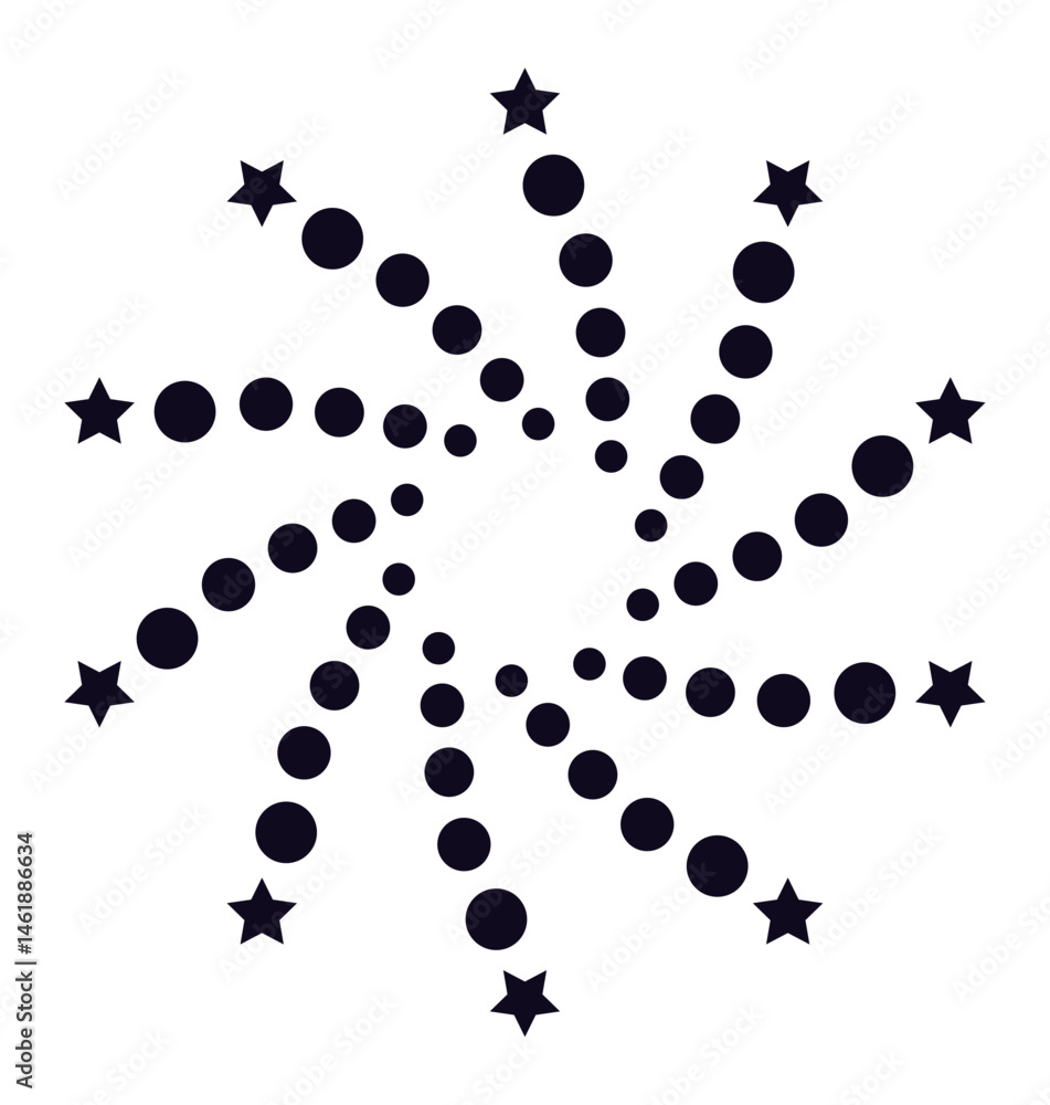 Poster circular geometric pattern creating an abstract star shape with dots and small stars, representing c