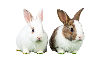 Obraz premium Two Cute baby white and brown rabbits in grass, isolated on a transparent background