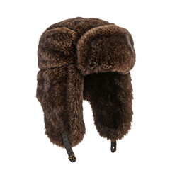 a traditional ushanka fur hat with ear flaps isolated on white