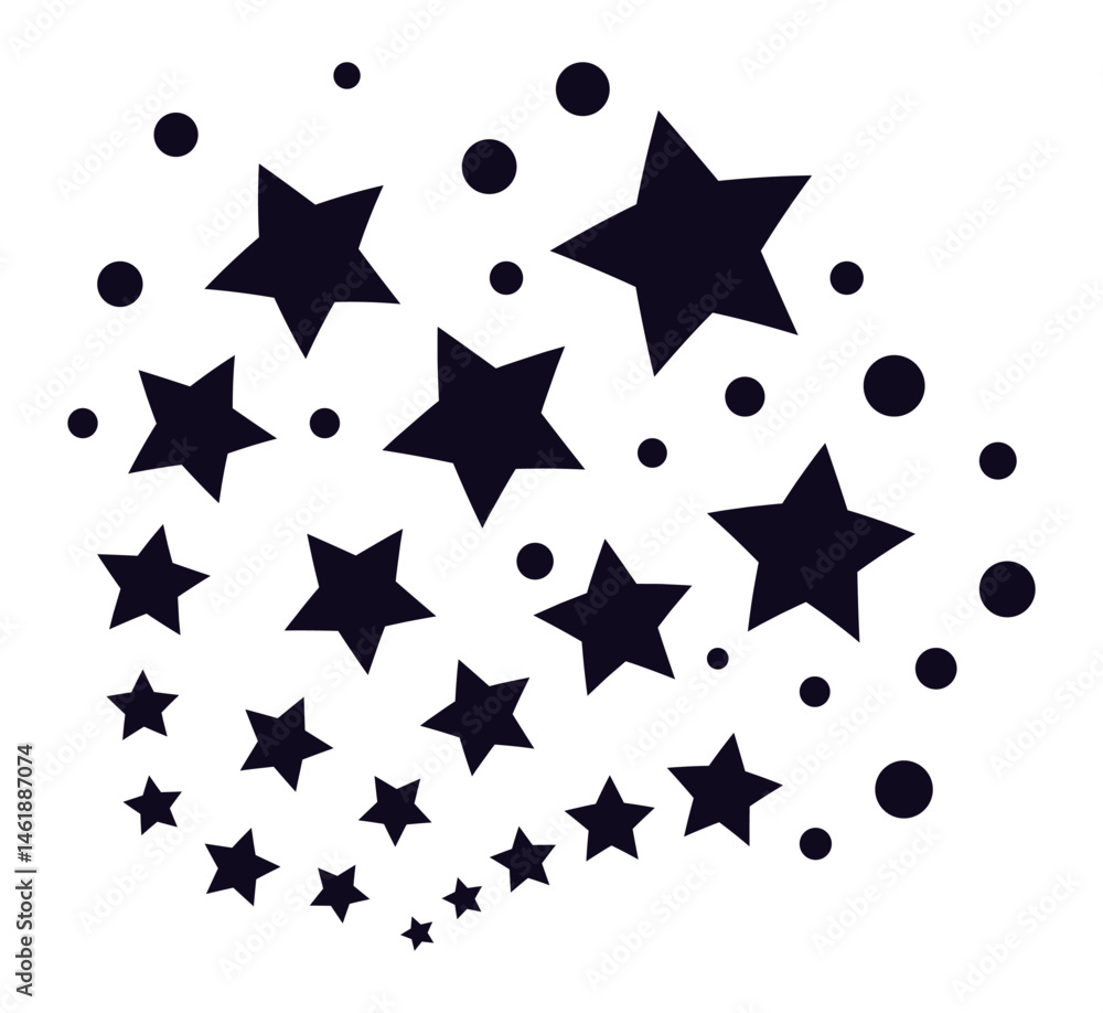 Poster black stars and dots arranged in a swirling vortex pattern on a white background, creating a dynamic