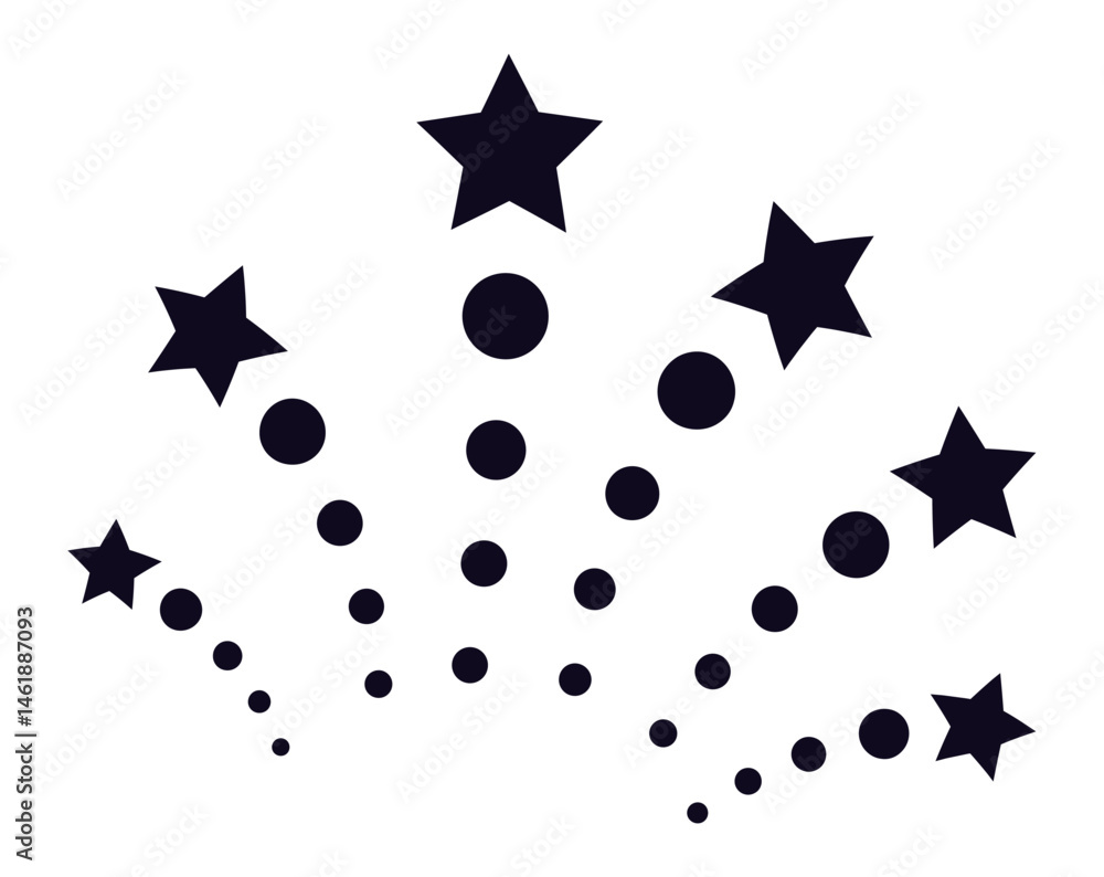 Poster black stars and circles exploding like fireworks on a white background, creating a dynamic and celeb