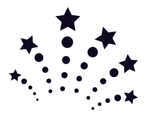 Black stars and circles exploding like fireworks on a white background, creating a dynamic and celebratory visual suitable for festive occasions