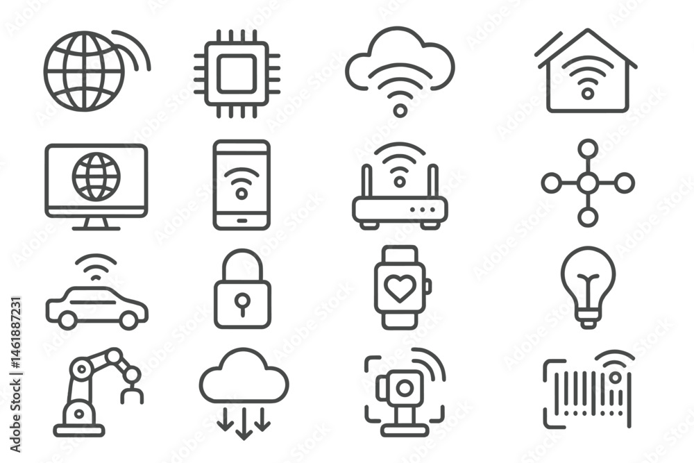 Poster vector icons representing various elements of smart technology and connectivity in modern life