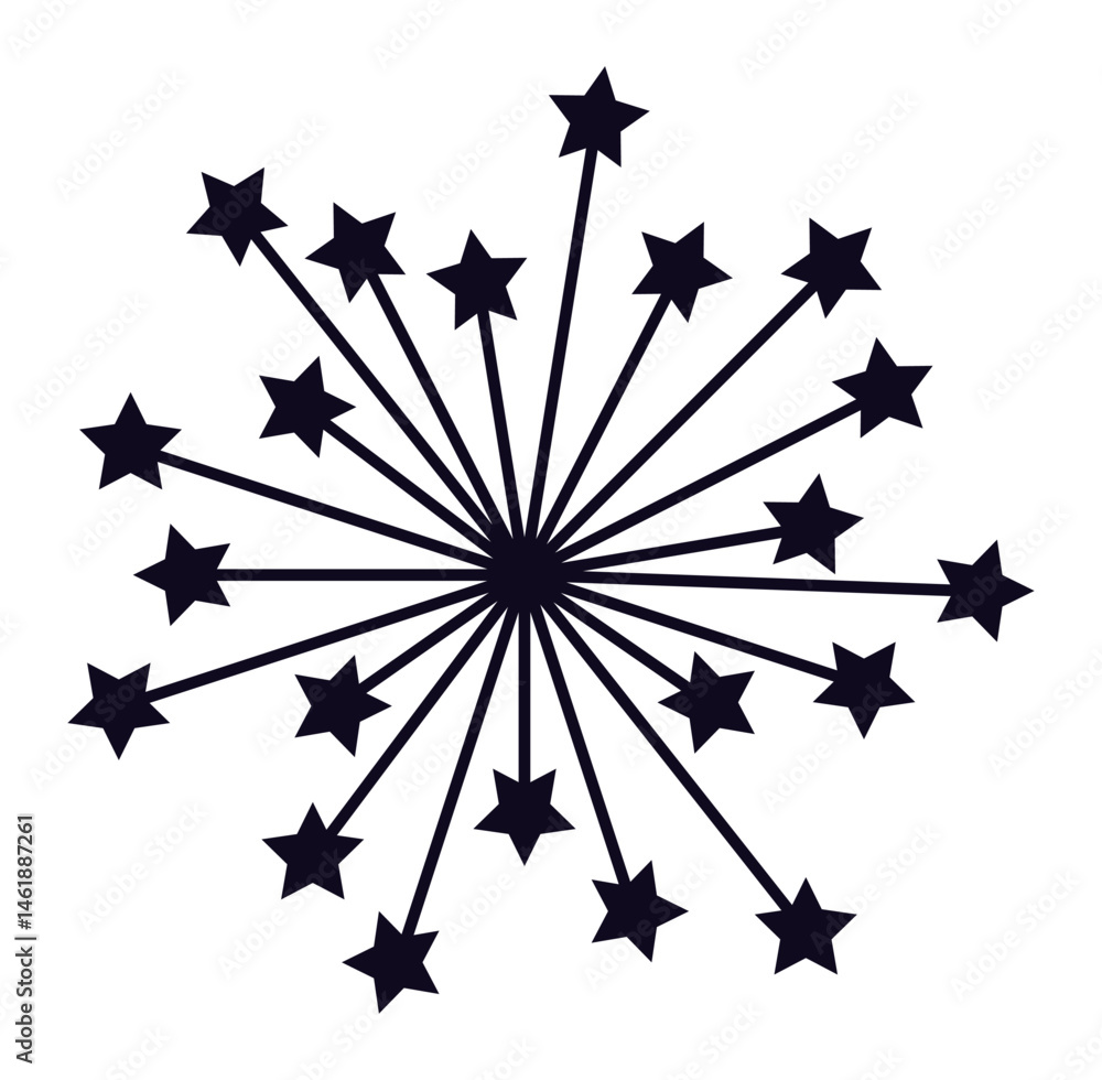 Poster several black five pointed stars are linked by straight lines to a central black circle, creating a 