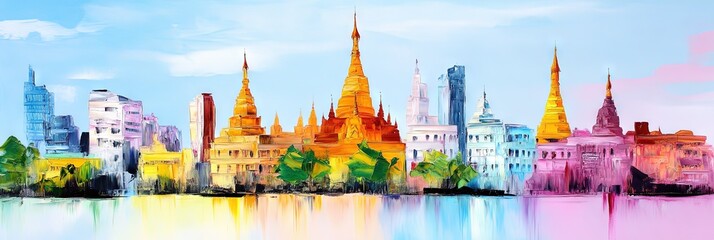 oil painting yangon, myanmar downtown skyline 