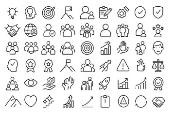 Vector illustration icon collection showcasing diverse symbols for teamwork, achievement, and growth in a modern design style
