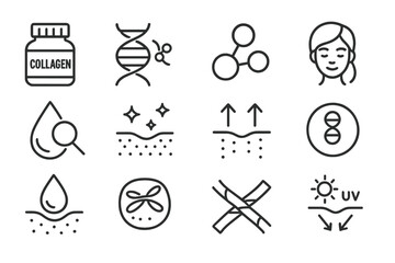 Vector illustration icons depicting collagen benefits for skin health and beauty routines