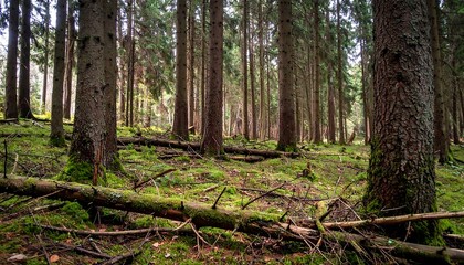 Obraz premium Sun Dappled Woodland Forest with Mossy Ground