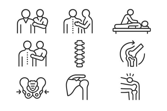 Vector illustration icons depicting various physical therapy and rehabilitation techniques for injury recovery