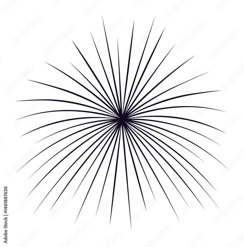 Poster radial thin black lines converging towards the center on a white background creating a starburst or 