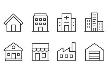 Vector icons of various building types including houses, offices, hospitals, shops, and factories arranged in a grid layout