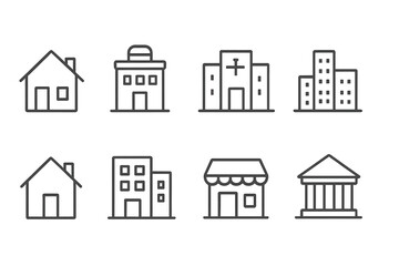 Vector illustration of various building icons including houses, offices, and a church in a simple line style