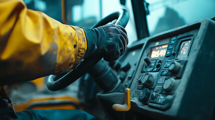Operator's Hand on Steering Wheel of Industrial Vehicle