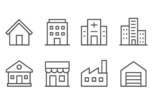 Vector icons of various building types including houses, offices, hospitals, shops, and factories arranged in a grid layout