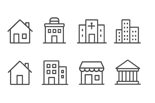 Vector illustration of various building icons including houses, offices, and a church in a simple line style