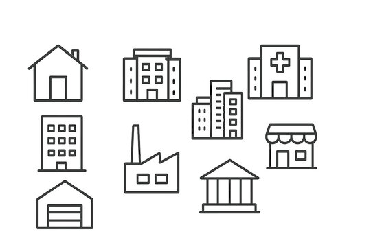 Collection of vector icons illustrating various building types including houses, hospitals, factories, and shops