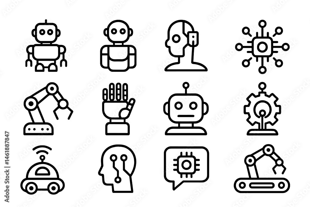 Poster vector illustration of various robotic icons depicting automation technology and artificial intellig