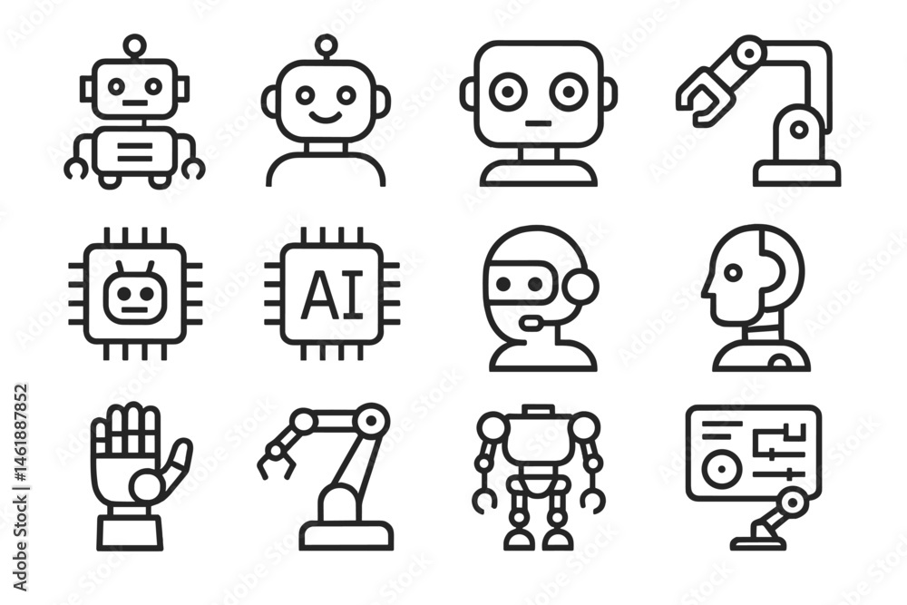 Aufkleber vector illustration icons depicting various robots, ai elements, and automation technology in a mode