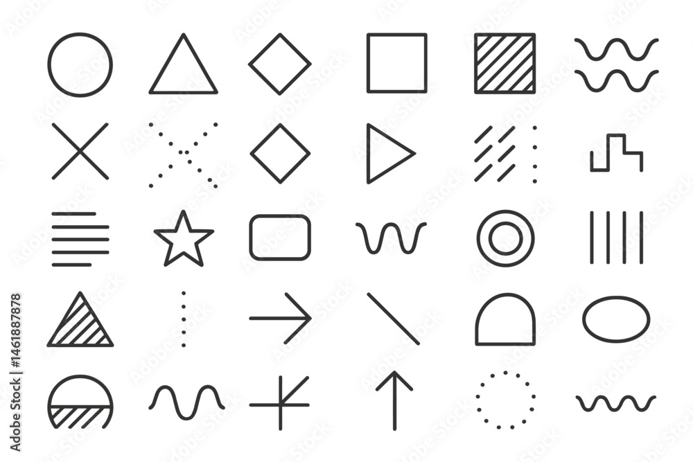 Aufkleber vector illustration of geometric shapes and symbols arranged in a grid layout for design and creativ