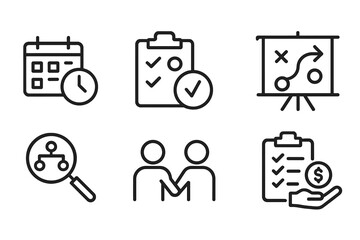 Vector illustration icons depicting planning, collaboration, and strategy in a modern office environment for business activities
