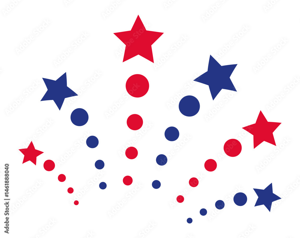 Poster red and blue stars and circles exploding like fireworks on a white background, creating a vibrant an
