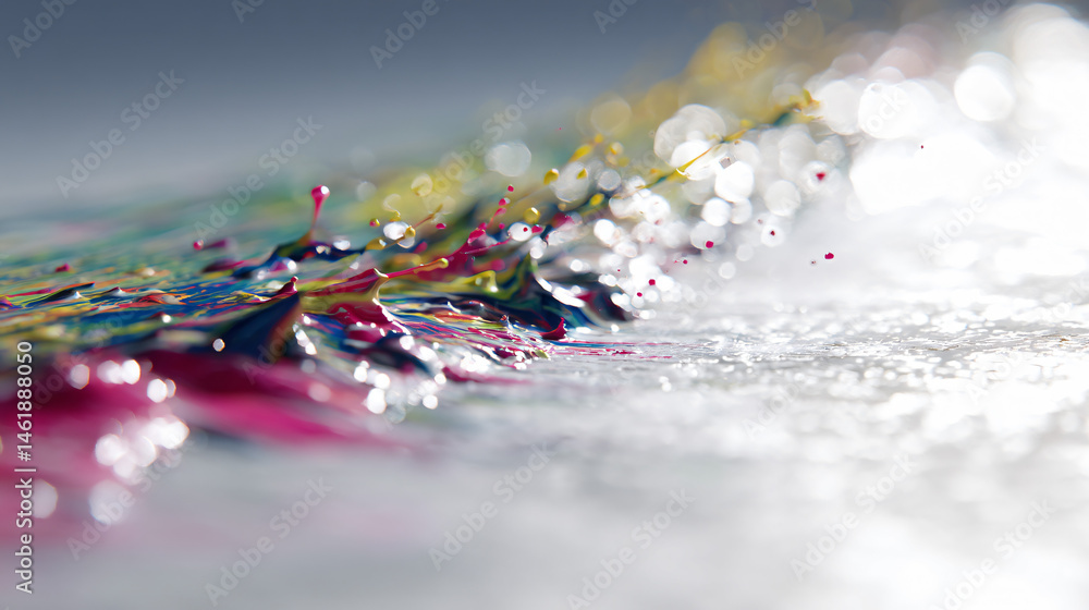 Poster heretofore another dynamical display of colorful abstract splashes on a minimalistic white backdrop,