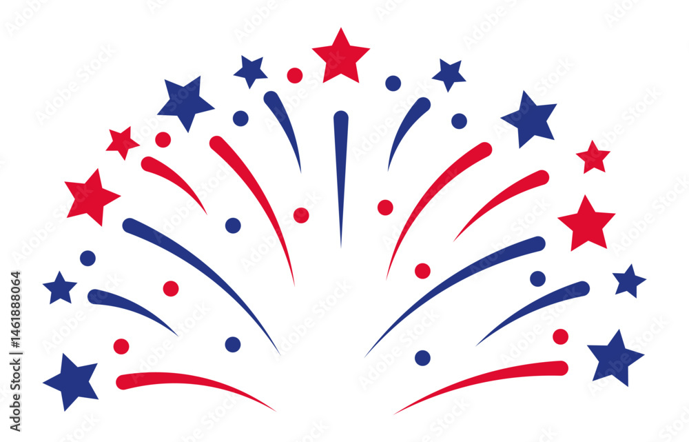 Poster red and blue fireworks exploding in a stylized design with trailing stars is a perfect representatio