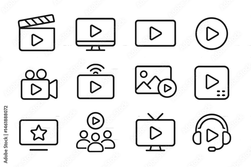 Poster collection of vector icons representing multimedia elements for digital content creation and viewing