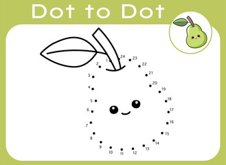 Cute Pear Dot to Dot Activity Page for Kids. Fruit connect the dots worksheets for kids. Fruit coloring page for kids. Printable education activity. Kids learning material.