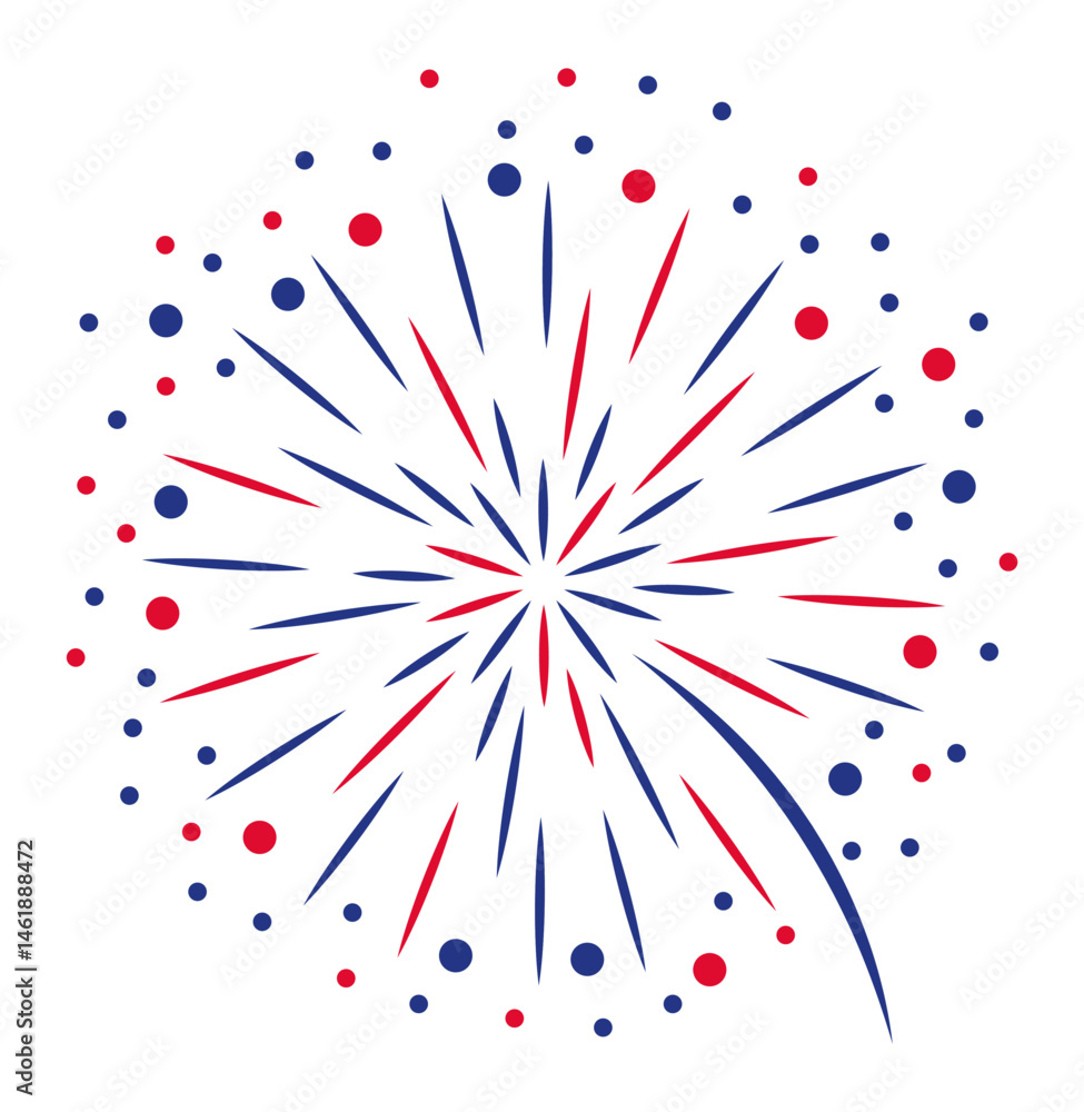 Poster red and blue firework exploding with dots on a white background creating a festive atmosphere, perfe