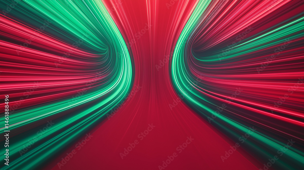 Poster abstract design with vibrant red and green flowing light trails resembling a tunnel in a digital spa