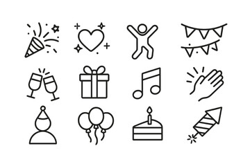 Celebrate special moments with vector icons showcasing party elements, including gifts, confetti, and balloons